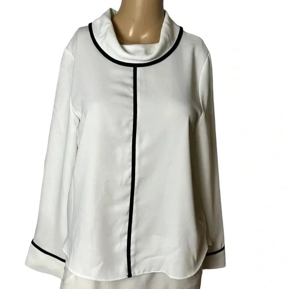Zara blouse,women S. White,black contrast piping  , cowl ,key hole,career,classy - Picture 1 of 10
